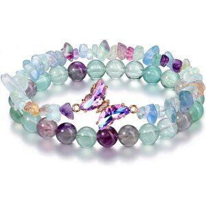 Elegant 2pcs Fluorite Crystal Bracelets with Butterfly Charms - Healing Gifts